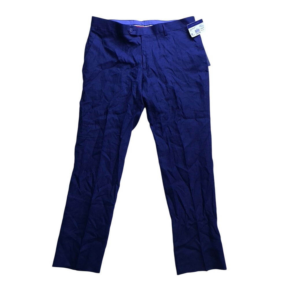 Tommy Hilfiger Dress Pants Men 34x30 Navy Blue 100% Linen Flat Front NWT